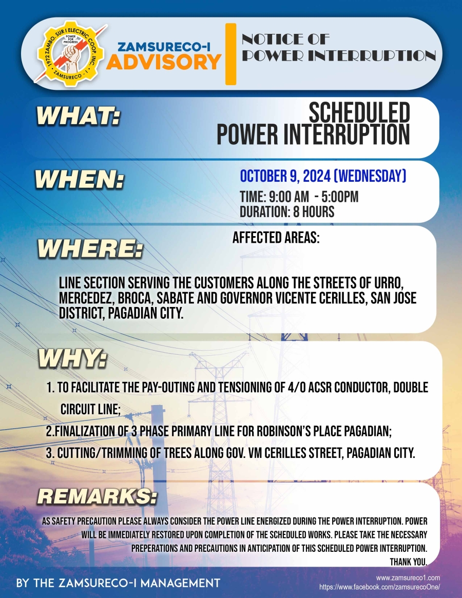 SCHEDULE POWER INTERRUPTION (OCTOBER 9, 2024) between 9:00 AM - 5:00PM