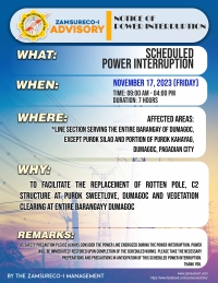 SCHEDULE POWER INTERRUPTION (NOVEMBER 17, 2023) between 9:00 AM - 4:00 PM