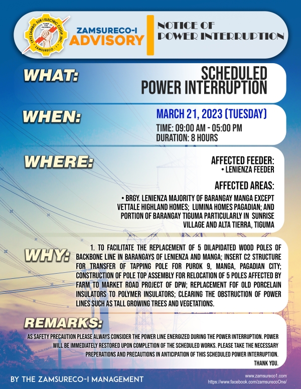 Scheduled Power Interruption (March 21 , 2023) between 9:00 AM - 5:00 PM