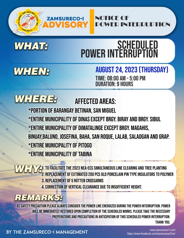 Schedule Power Interruption (AUGUST 24, 2023) between 8:00 AM - 5:00 PM