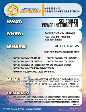 SCHEDULED POWER INTERRUPTION (NOVEMBER 21, 2025) between 9:00 AM - 11:00 AM