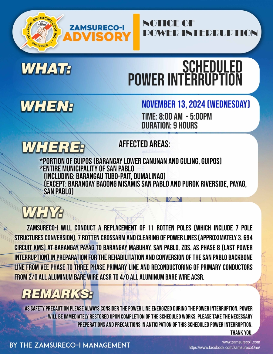 SCHEDULE POWER INTERRUPTION (NOVEMBER 13, 2024) between 8:00 AM - 5:00PM