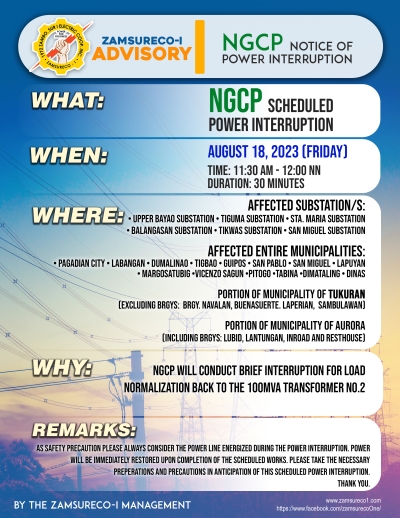 NGCP Schedule Power Interruption (AUGUST 18, 2023) between 11:30 AM - 12:00 NN