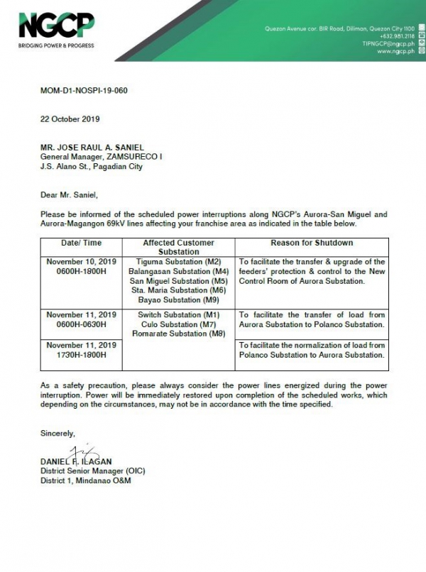 NGCP Scheduled Power Interruption (November 10, 2019)