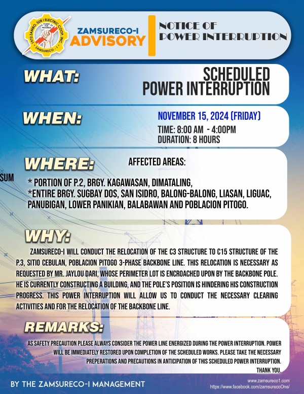 SCHEDULE POWER INTERRUPTION (NOVEMBER 15, 2024) between 8:00 AM - 4:00PM