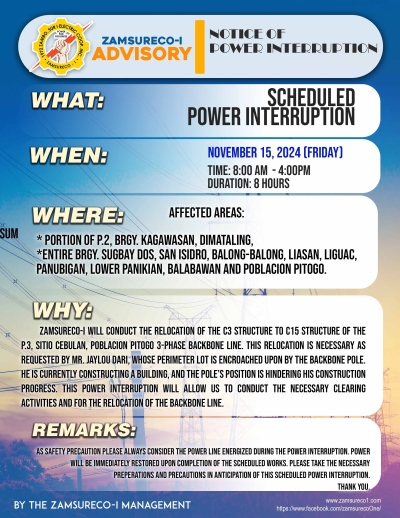 SCHEDULE POWER INTERRUPTION (NOVEMBER 15, 2024) between 8:00 AM - 4:00PM