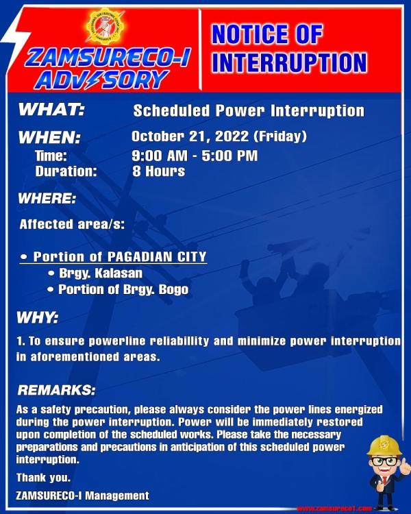 Scheduled Power Interruption (OCTOBER 21, 2022) between 9:00 AM - 5:00 PM