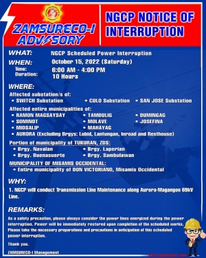 NGCP Scheduled Power Interruption (OCTOBER 15, 2022) between 6:00 AM-4 PM