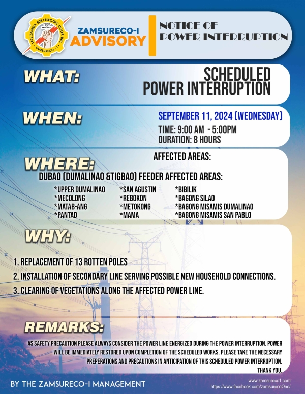 SCHEDULE POWER INTERRUPTION (SEPTEMBER 11, 2024) between 9:00 AM - 5:00PM