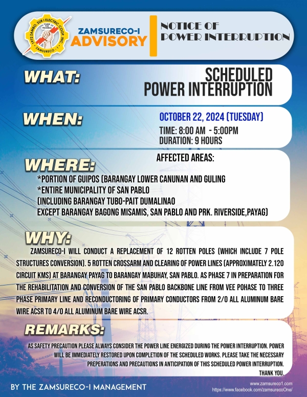 SCHEDULE POWER INTERRUPTION (OCTOBER 22, 2024) between 8:00 AM - 5:00PM