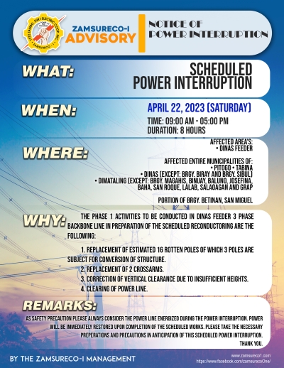 Scheduled Power Interruption (April 22, 2023) between 9:00 AM - 5:00 PM,