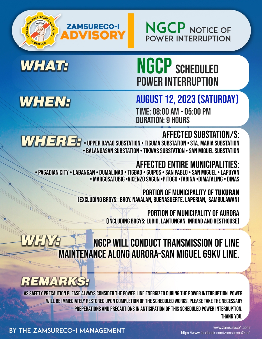 NGCP Schedule Power Interruption (AUGUST 12, 2023) between 8:00 AM - 5:00 PM