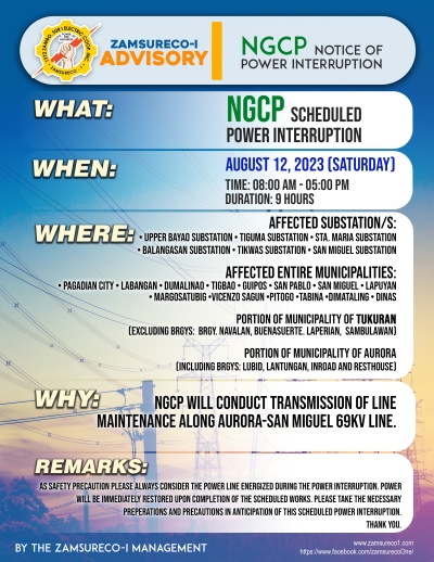 NGCP Schedule Power Interruption (AUGUST 12, 2023) between 8:00 AM - 5:00 PM