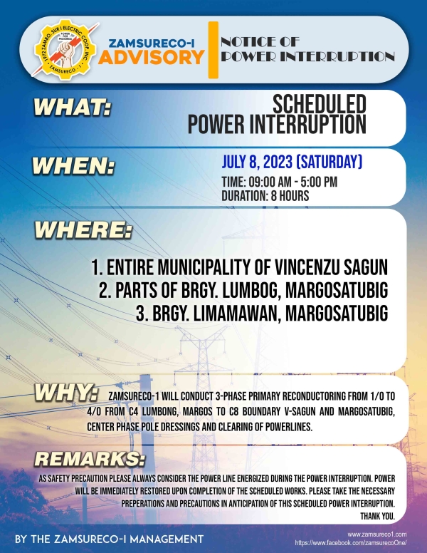 Schedule Power Interruption (JULY 8, 2023) between 9:00 AM - 5:00 PM