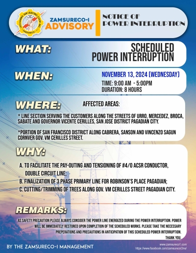 SCHEDULE POWER INTERRUPTION (NOVEMBER 13, 2024) between 9:00 AM - 5:00PM