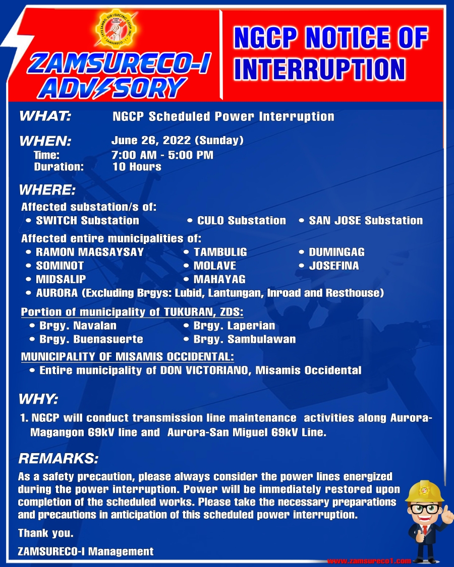 NGCP Scheduled Power Interruption (June 26, 2022) between 7:00 am to 5:00 pm