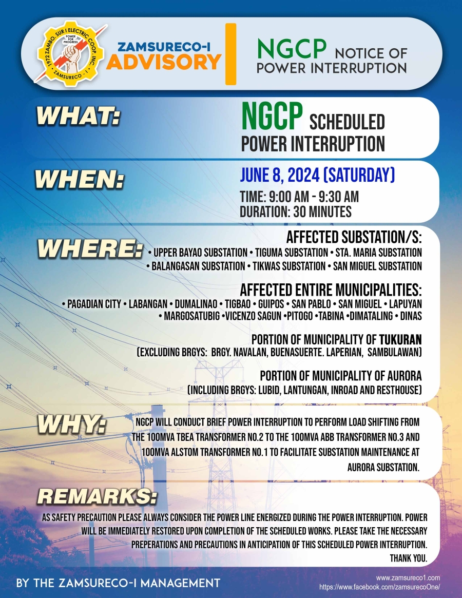 NGCP SCHEDULE POWER INTERRUPTION (JUNE 8, 2024) between 9:00 AM - 9:30AM