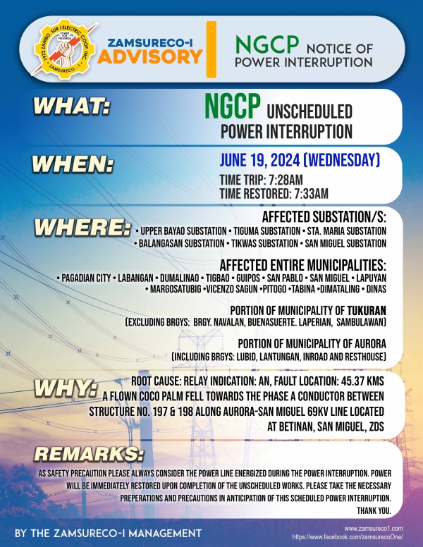 NGCP UNSCHEDULE POWER INTERRUPTION (JUNE 19, 2024) between 7:28 AM - 7:33AM