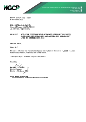 NGCP Postponed Power Interruption (December 11, 2022) between 4:00 AM - 6:00 AM