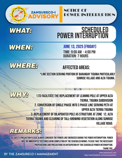 SCHEDULE POWER INTERRUPTION JUNE 13, 2025) between 9:00 AM - 4:00 PM