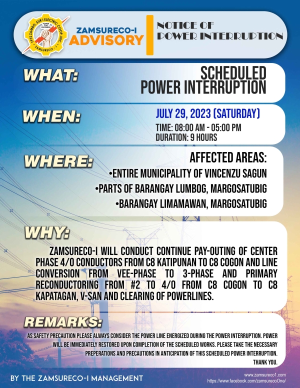 Schedule Power Interruption (JULY 29, 2023) between 8:00 AM - 5:00 PM