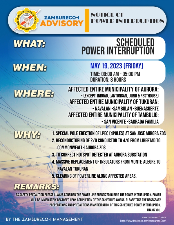 Scheduled Power Interruption (May 19, 2023) between 9:00 AM - 5:00 PM