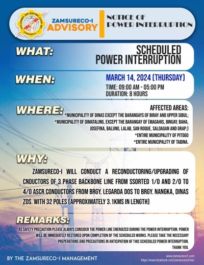 SCHEDULE POWER INTERRUPTION (March 14, 2024) between 9:00 AM - 5:00 PM