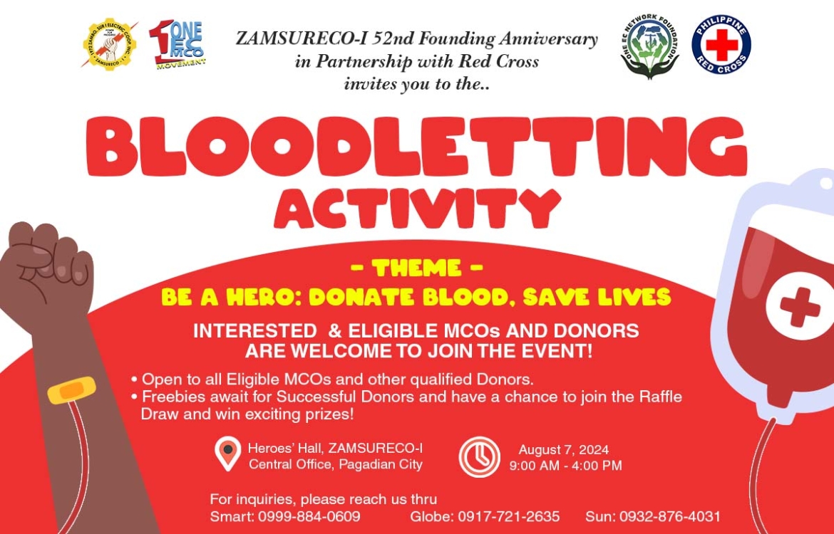 ZAMSURECO-I BLOODLETTING ACTIVITY on August 7, 2024, WEDNESDAY , 7:00AM-5:00 PM
