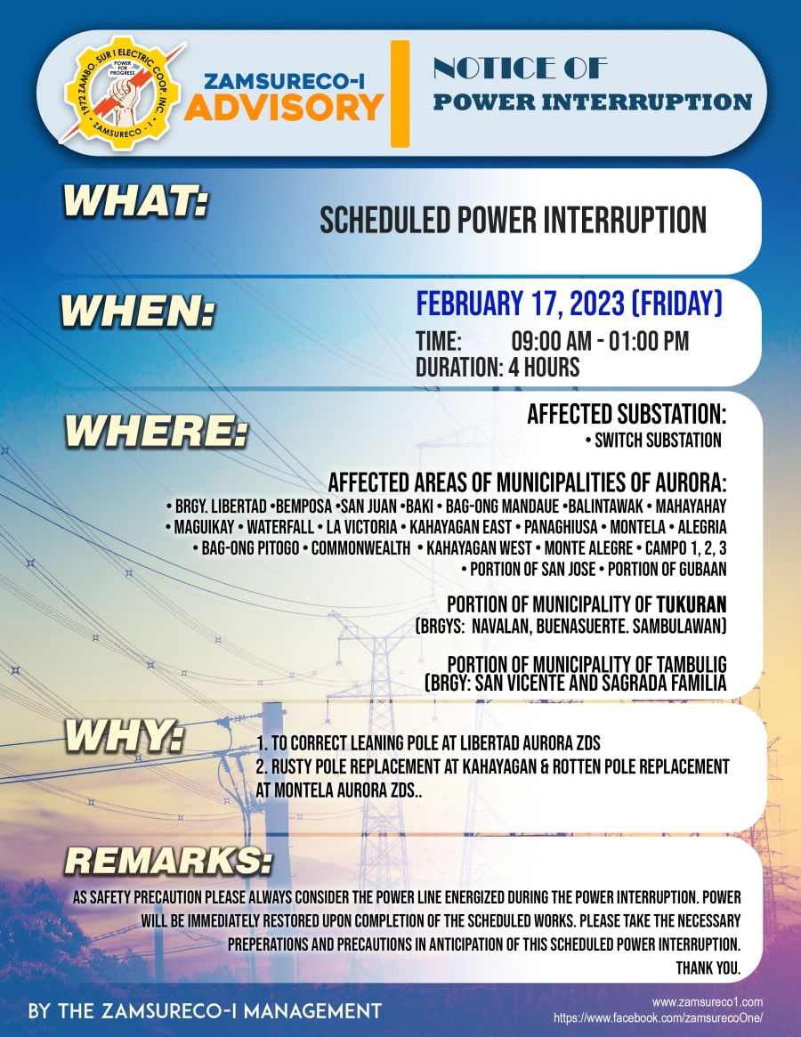 Scheduled Power Interruption (February 17, 2023) between 9:00 AM - 1:00 PM