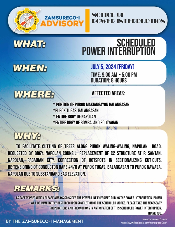 SCHEDULE POWER INTERRUPTION (JULY 5, 2024) between 9:00 AM - 5:00PM