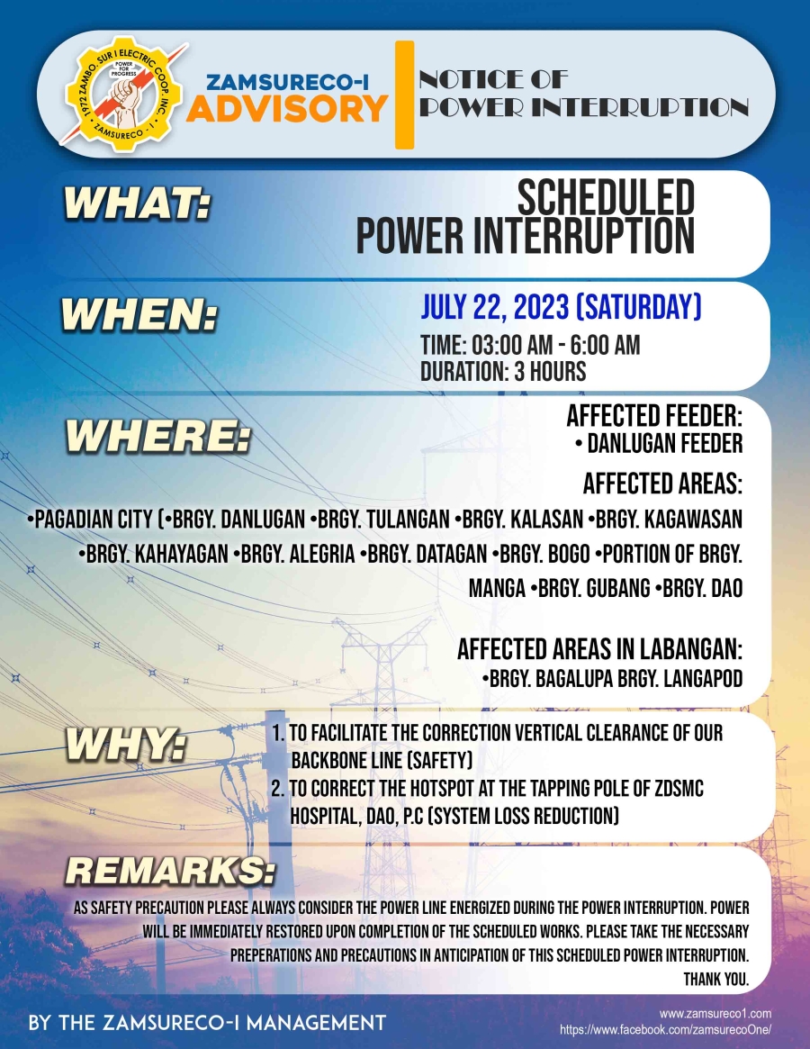 Schedule Power Interruption (JULY 22, 2023) between 3:00 AM - 6:00 AM