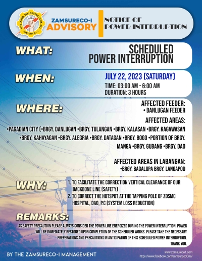 Schedule Power Interruption (JULY 22, 2023) between 3:00 AM - 6:00 AM