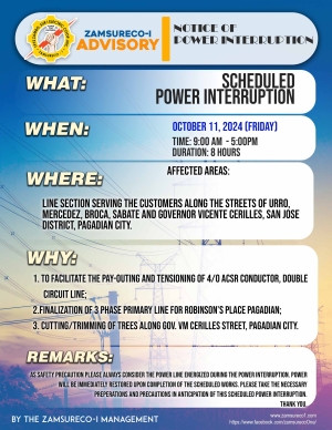 SCHEDULE POWER INTERRUPTION (OCTOBER 11, 2024) between 9:00 AM - 5:00PM