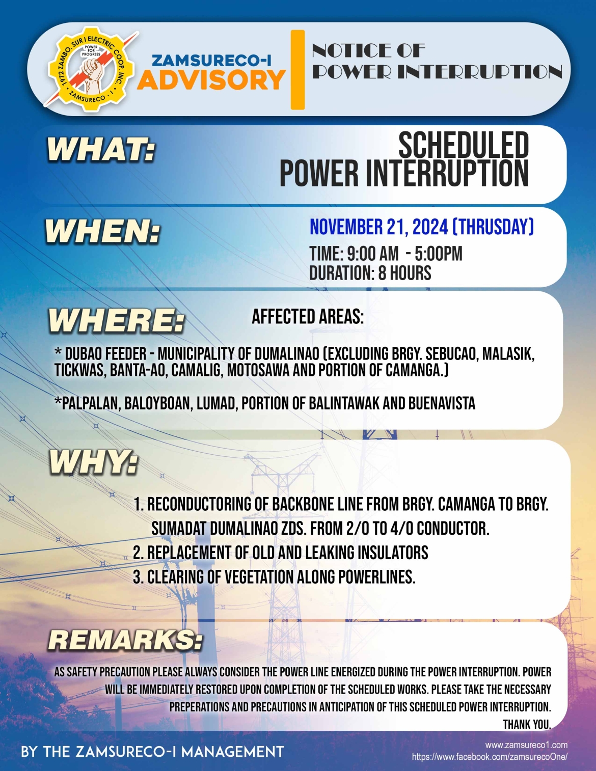 SCHEDULE POWER INTERRUPTION (NOVEMBER 21, 2024) between 9:00 AM - 5:00PM