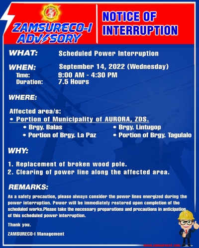 Scheduled Power Interruption (SEPTEMBER 14, 2022) between 9:00 AM -4:30 PM