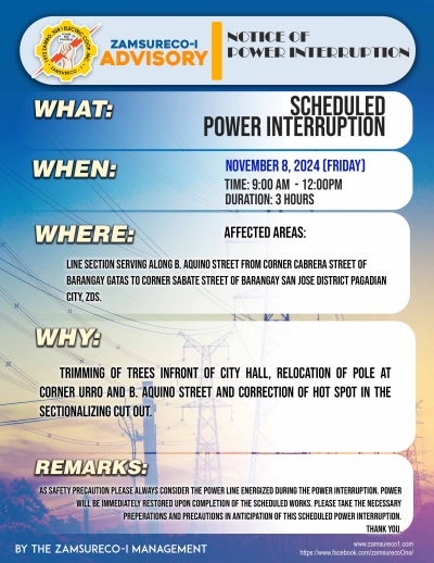 SCHEDULE POWER INTERRUPTION (NOVEMBER 8, 2024) between 9:00 AM - 12:00PM