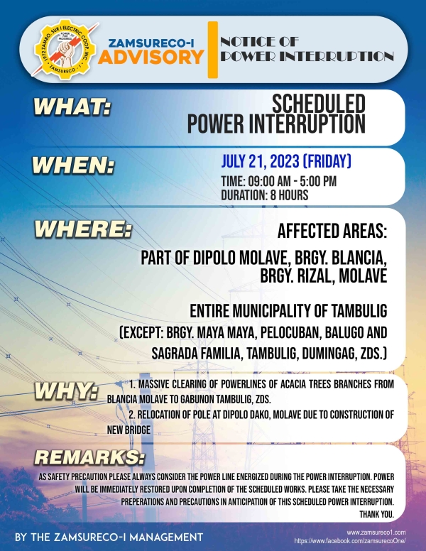 Schedule Power Interruption (JULY 21, 2023) between 9:00 AM - 5:00 PM