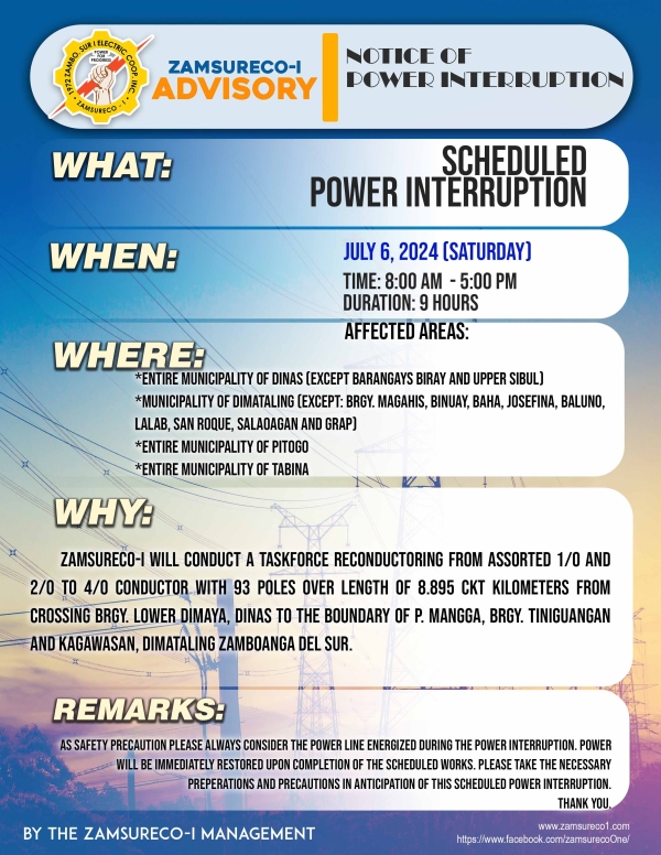 SCHEDULE POWER INTERRUPTION (JULY 6, 2024) between 8:00 AM - 5:00PM