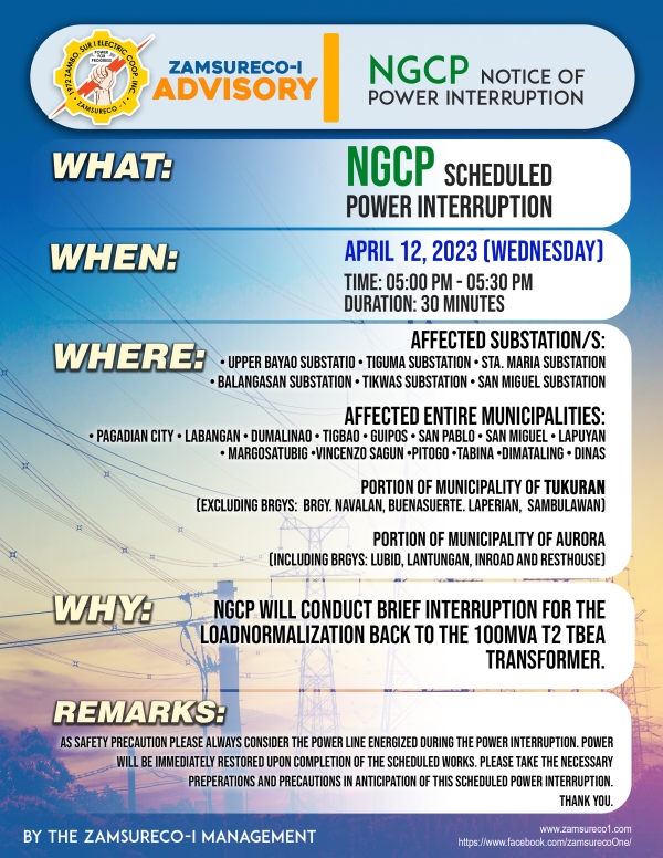 NGCP Scheduled Power Interruption (April 12, 2023) between 5:00 PM - 5:30 PM,