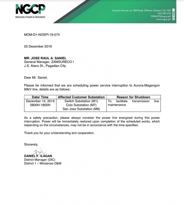 NGCP Scheduled Power Interruption (December 14, 2019)