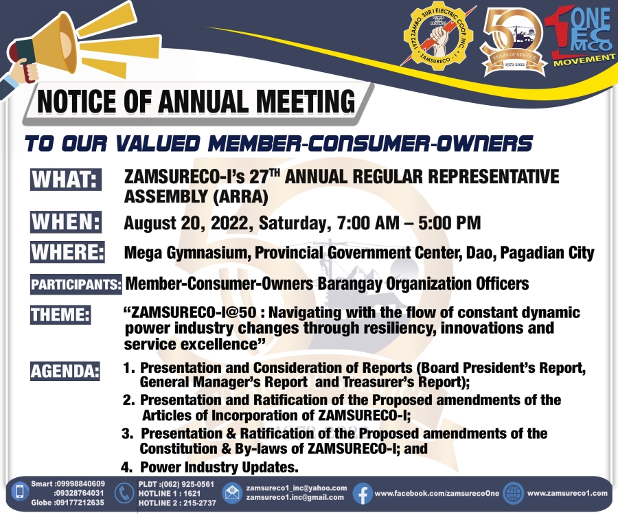 ZAMSURECO-I&#039;s 27th Annual Regular Representative Assembly (ARRA) on August 20, 2022, Saturday, 7:00AM-5:00PM