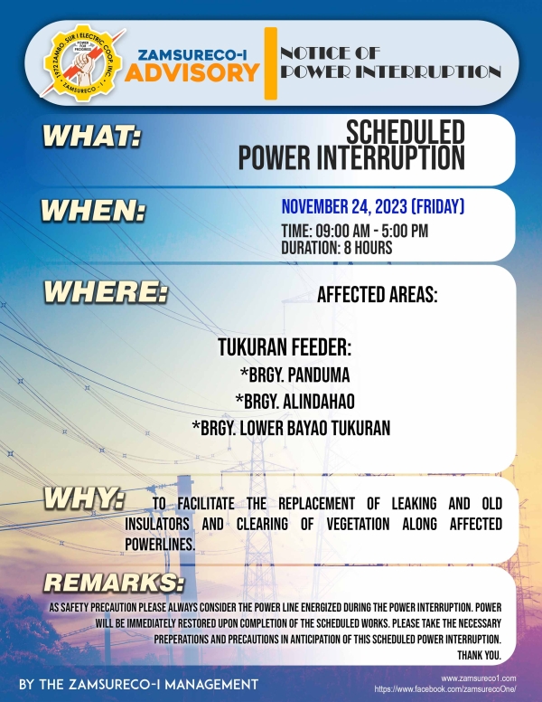 SCHEDULE POWER INTERRUPTION (NOVEMBER 24, 2023) between 9:00 AM - 5:00 PM