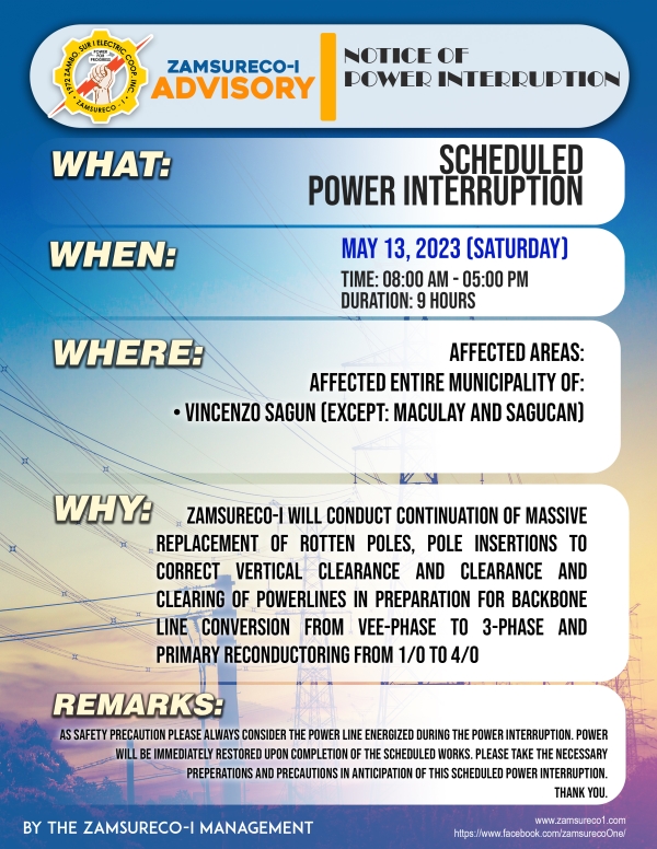 Scheduled Power Interruption (May 13, 2023) between 8:00 AM -5:00 PM