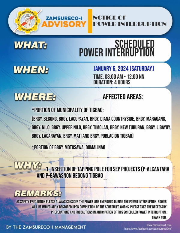 SCHEDULE POWER INTERRUPTION (January 6, 2024) between 8:00 AM - 12:00 NN