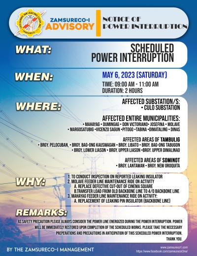 Scheduled Power Interruption (May 6, 2023) between 9:00 AM -11:00 AM
