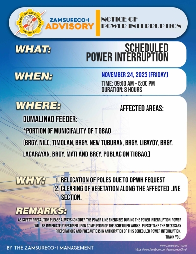 SCHEDULE POWER INTERRUPTION (NOVEMBER 24, 2023) between 9:00 AM - 5:00 PM