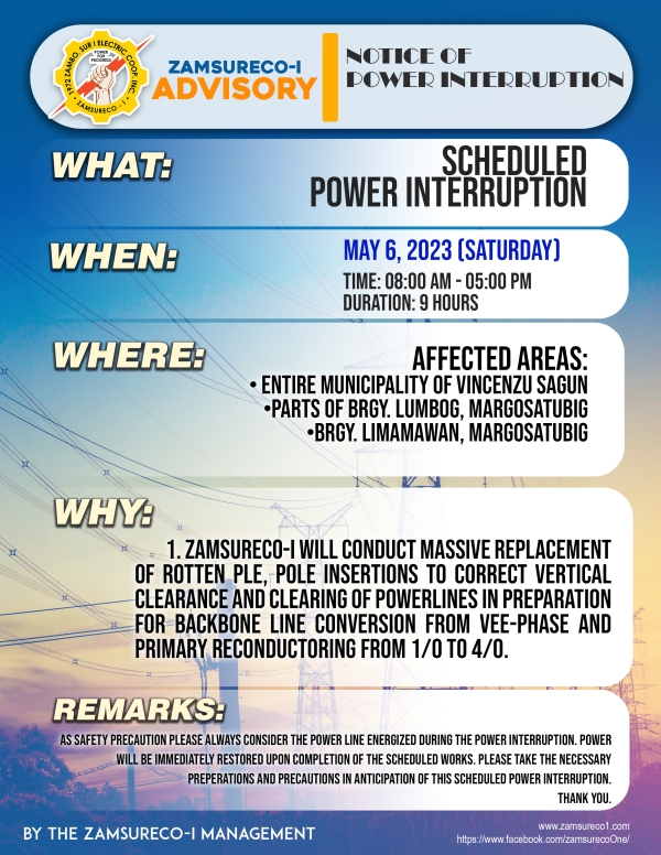 Scheduled Power Interruption (May 6, 2023) between 8:00 AM - 5:00 PM