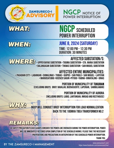 NGCP SCHEDULE POWER INTERRUPTION (JUNE 8, 2024) between 12:00 PM - 12:30PM