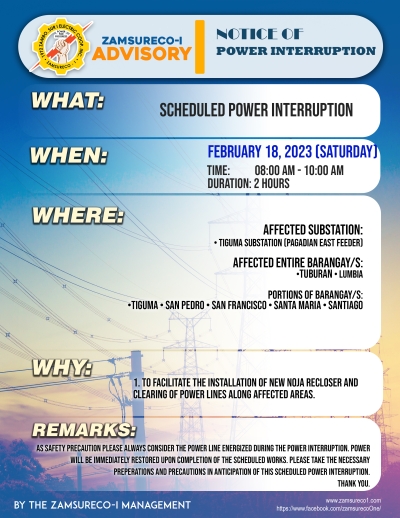 Scheduled Power Interruption (February 18, 2023) between 8:00 AM - 10:00 AM