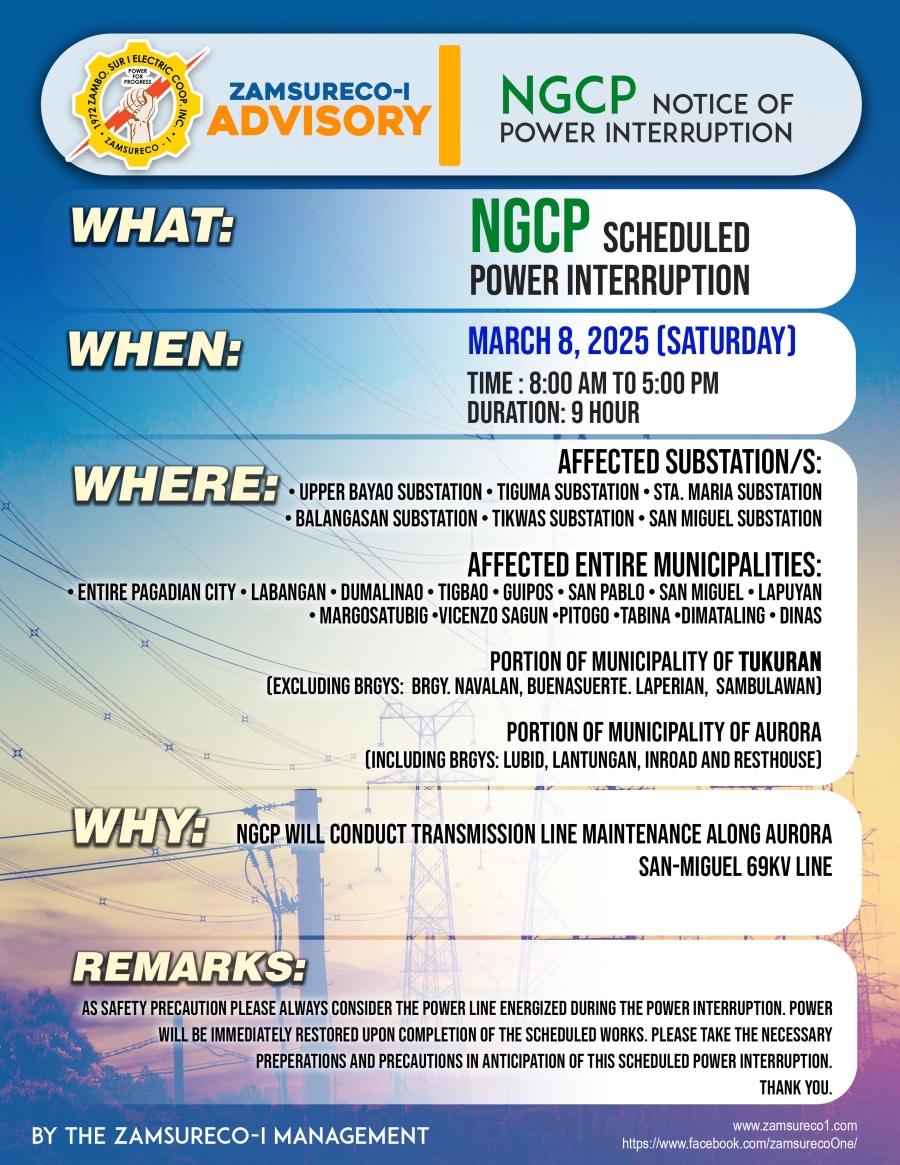 NGCP SCHEDULE POWER INTERRUPTION (MARCH 8, 2025) between 8:00 AM - 5:00PM